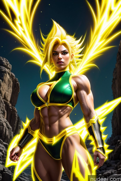 ai nude image of a close up of a woman in a yellow and green outfit pics of Busty Muscular Super Saiyan 3 Super Saiyan Science Fiction Style Abs Powering Up Neon Lights Clothes: Yellow Superhero Superheroine