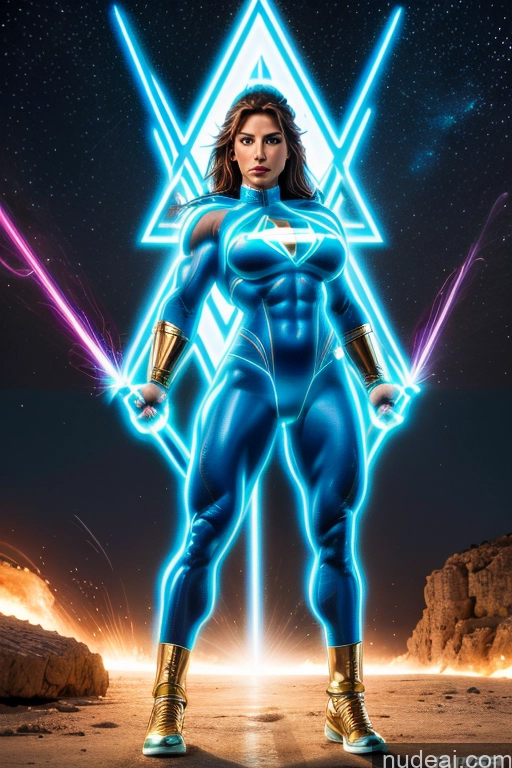 ai nude image of a close up of a woman in a blue suit standing in front of a star pics of Israel Jewish Busty Muscular Abs Neon Lights Clothes: Blue Powering Up Superheroine