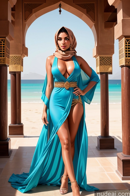 ai nude image of araffe woman in a blue dress and hijab posing for a picture pics of Arabic Busty Miss Universe Model Perfect Boobs Beautiful Skinny Perfect Body Dress Scarf Kimono Tanned Skin