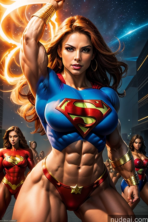 ai nude image of arafed image of a woman with a sword and a bunch of women pics of Muscular Powering Up Busty Superhero Abs Several Superheroine Perfect Boobs