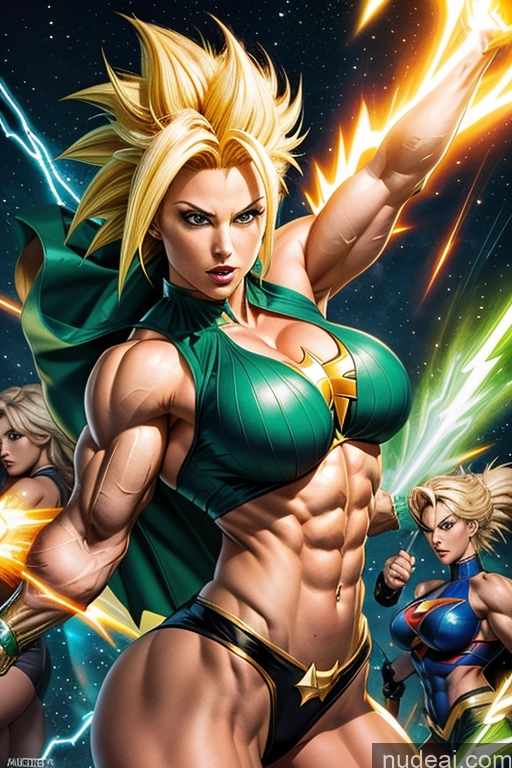 ai nude image of a close up of a woman in a bikini with a bunch of women pics of Super Saiyan Superheroine Busty Muscular Abs Superhero Powering Up Several