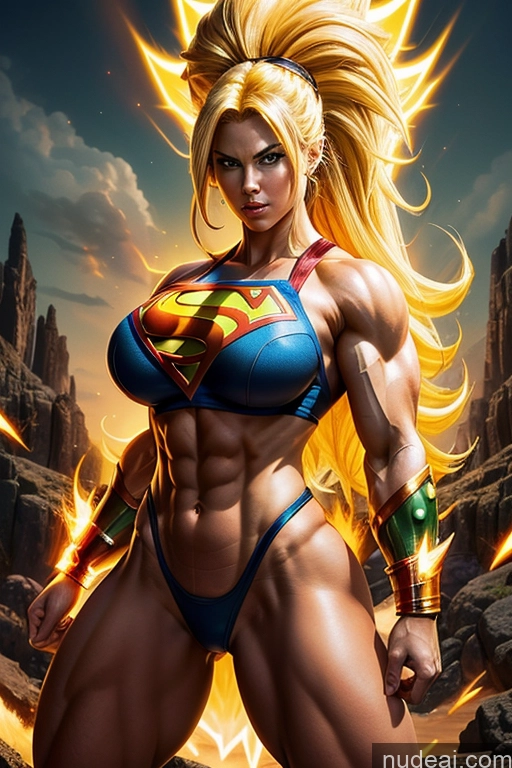 ai nude image of a close up of a woman in a bikini with a superman costume pics of Superheroine Busty Muscular Abs Superhero Powering Up Several Super Saiyan 3