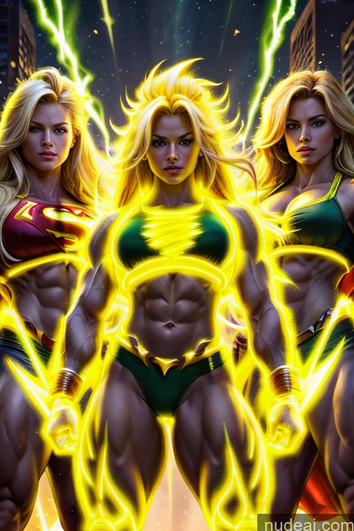 ai nude image of a close up of three women in superhero costumes with lightning pics of Busty Muscular Abs Superhero Powering Up Several Super Saiyan 3 Super Saiyan Bodybuilder Neon Lights Clothes: Yellow