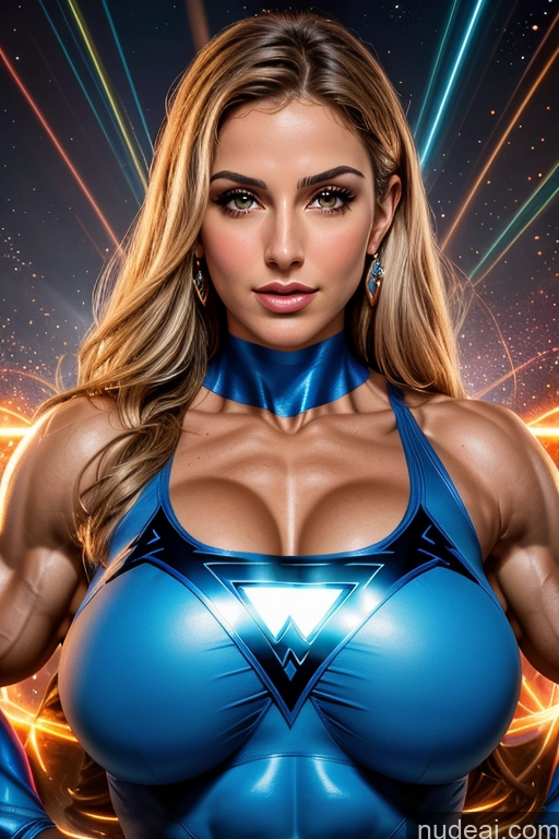 ai nude image of a close up of a woman in a blue costume posing for a picture pics of Busty Muscular Abs Superhero Powering Up Several Israel Jewish Superheroine Small Tits