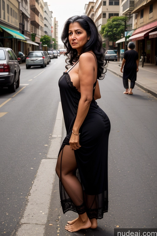 ai nude image of there is a woman in a black dress posing on the street pics of Milf One Busty Big Ass 80s Long Hair Indian Front View Black Hair Street Nightgown