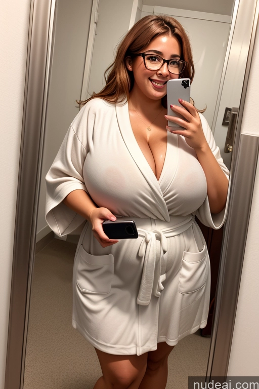 ai nude image of araffe woman in a white robe taking a selfie in a mirror pics of Woman Huge Boobs Beautiful Glasses Tanned Skin 30s Ginger Messy Greek Thick Chubby Fat Busty Bathrobe Dress Laughing Mirror Selfie One