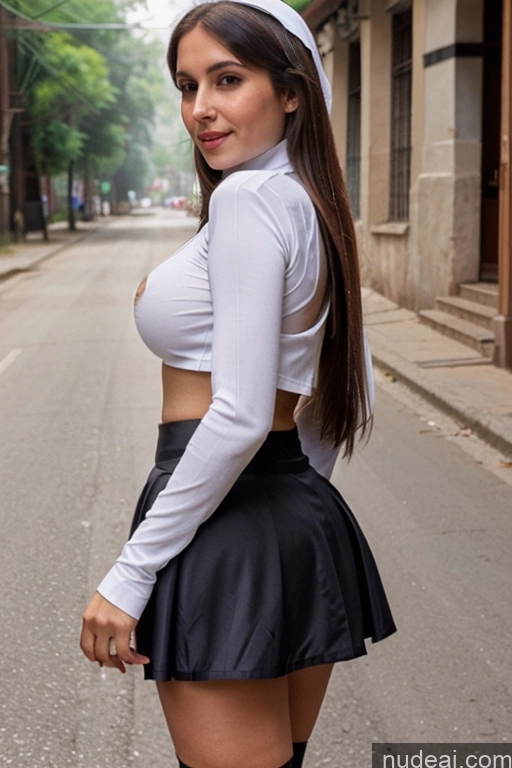 ai nude image of arafed woman in a skirt and a white shirt posing for a picture pics of Milf One Busty Big Ass Thick 70s Long Hair Indian Street Cleavage Nun Mini Skirt Thigh Socks