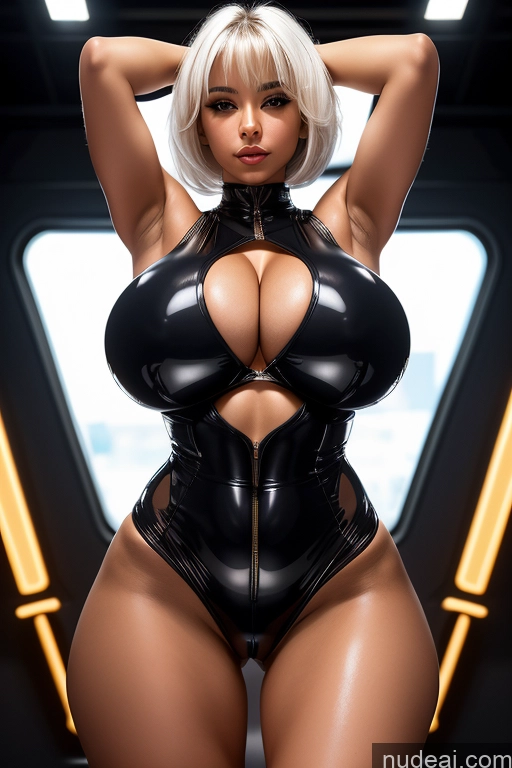 ai nude image of arafed woman in a latex outfit posing for a picture pics of Cyborg Busty Huge Boobs Perfect Boobs Beautiful Small Ass Perfect Body White Hair Pixie Latex Transparent Dark Lighting Detailed Science Fiction Style Arabic Jumpsuit Tanned Skin Oiled Body Partially Nude