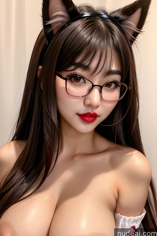 ai nude image of there is a woman with glasses and a cat ears on her head pics of Ahegao Glasses Lipstick Brunette Ahri, 1girl, Long Hair, Animal Ears, Whisker Markings, Korean Clothes, Cleavage, Detached Sleeves Korean