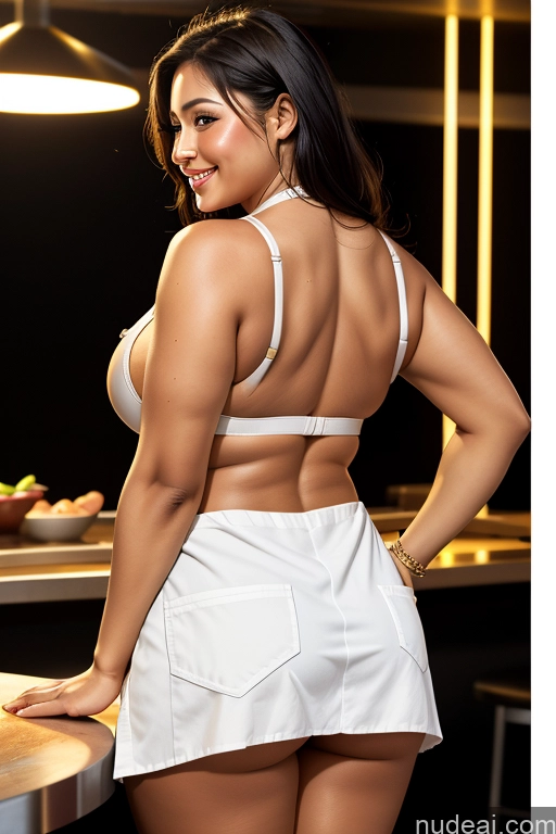 ai nude image of there is a woman in a white dress posing for a picture pics of Perfect Boobs Busty Beautiful Thick Chubby Fat 30s Asian Bright Lighting Partially Nude Nude Sexy Face Happy Black Hair Front View Tanned Skin Apron Muscular Club Mirror Selfie