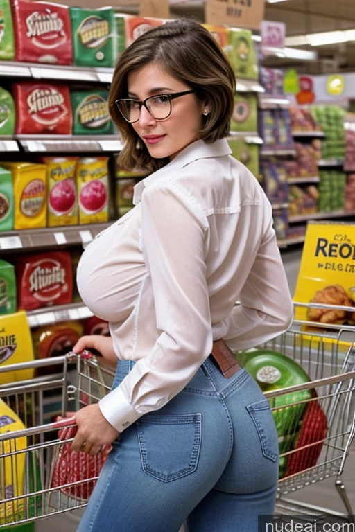 ai nude image of arafed woman in jeans and glasses standing in front of a shopping cart pics of Huge Boobs Perfect Boobs Beautiful Small Ass Perfect Body Glasses 40s Seductive Brunette Pixie French Grocery Jeans Shirt Cleavage Transparent Pearl Jewelry Detailed 90s Busty Illustration