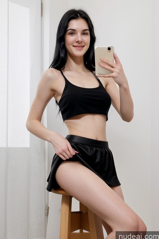 ai nude image of there is a woman that is sitting on a stool taking a picture pics of One Perfect Boobs Small Tits Beautiful Skinny Long Legs Perfect Body Fairer Skin 18 Happy Seductive Sexy Face Black Hair Tank Top Long Skirt Crop Top Long Hair