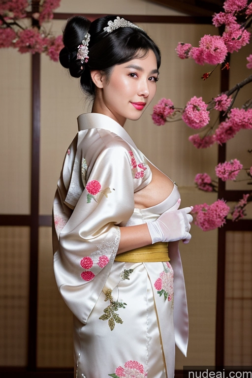 ai nude image of araffe woman in a kimono with a flowered tree in the background pics of Busty Perfect Body Perfect Boobs Milf Black Hair Onsen Gloves Wedding Jewelry Pearl Jewelry Hair Bun Kimono Transparent Thigh Socks Geisha 60s Korean