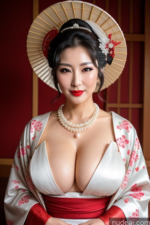 ai nude image of araffe asian woman in a kimono with a fan and a pearl necklace pics of Milf Busty Perfect Boobs Lipstick Perfect Body 50s Black Hair Hair Bun Korean Onsen Geisha Gloves Kimono Wedding Thigh Socks Transparent Jewelry Pearl Jewelry