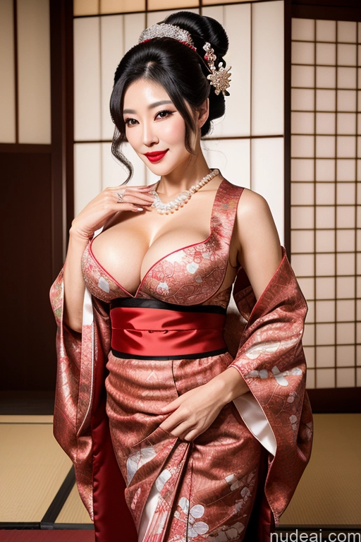 ai nude image of araffe asian woman in a kimono dress posing for a picture pics of Milf Busty Perfect Boobs Lipstick Perfect Body 50s Black Hair Hair Bun Korean Onsen Geisha Gloves Kimono Wedding Thigh Socks Transparent Jewelry Pearl Jewelry