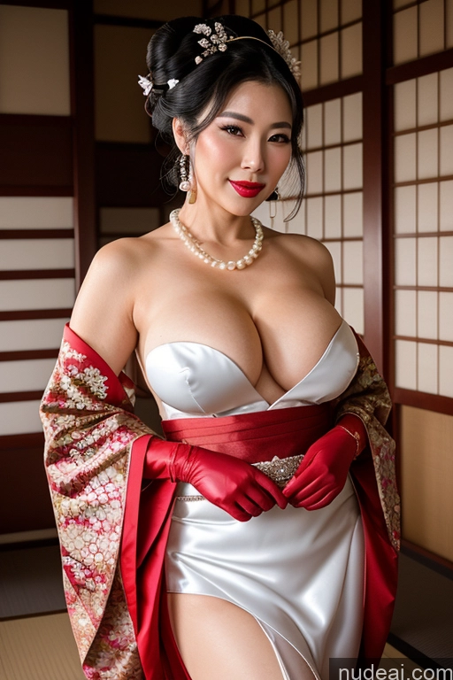 ai nude image of araffe woman in a white dress and red gloves posing for a picture pics of Milf Busty Perfect Boobs Lipstick Perfect Body 50s Black Hair Hair Bun Onsen Geisha Gloves Kimono Wedding Thigh Socks Transparent Jewelry Pearl Jewelry Chinese