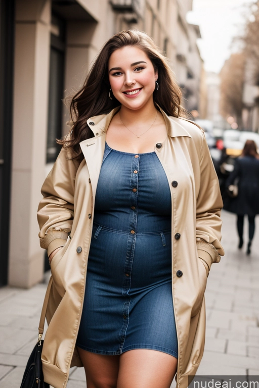 ai nude image of araffe woman in a blue dress and trench coat walking down a sidewalk pics of Woman One Chubby 18 Happy Brunette Long Hair French Front View Blouse Bomber Dress Chemise Trench Coat Jeans