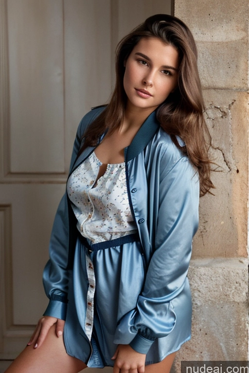 ai nude image of arafed woman in a blue robe posing for a picture pics of Woman One Chubby 18 Brunette Long Hair French Front View Blouse Bomber Dress Chemise Trench Coat Jeans Serious