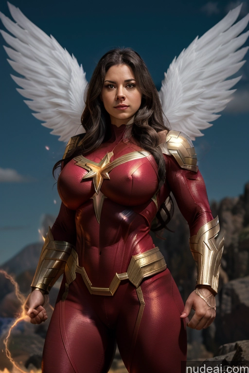 ai nude image of arafed woman in a red and gold costume with wings pics of Mary Thunderbolt Powering Up Detailed Busty Muscular Has Wings Superhero Neon Lights Clothes: Red Abs Superheroine