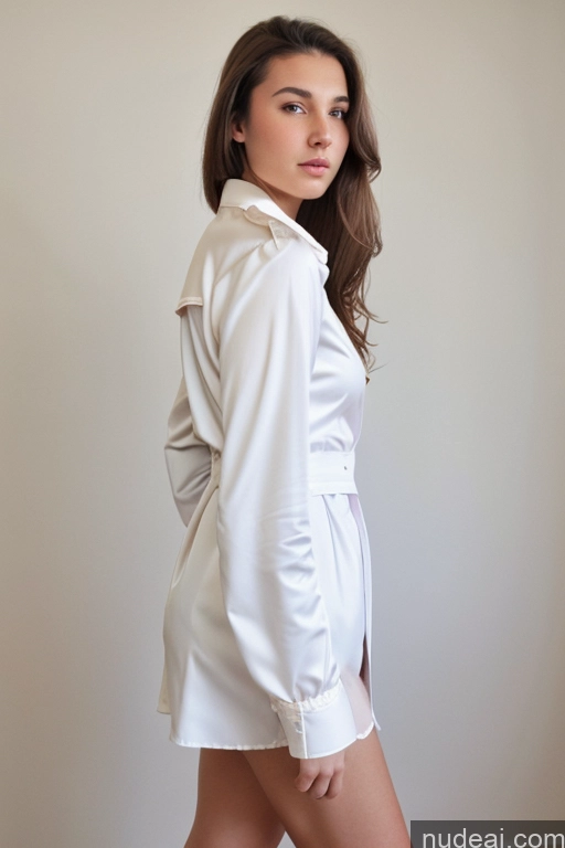 ai nude image of arafed woman in a white shirt and shorts posing for a picture pics of Woman One Chubby 18 Brunette Long Hair French Blouse Bomber Dress Chemise Trench Coat Jeans Serious Back View