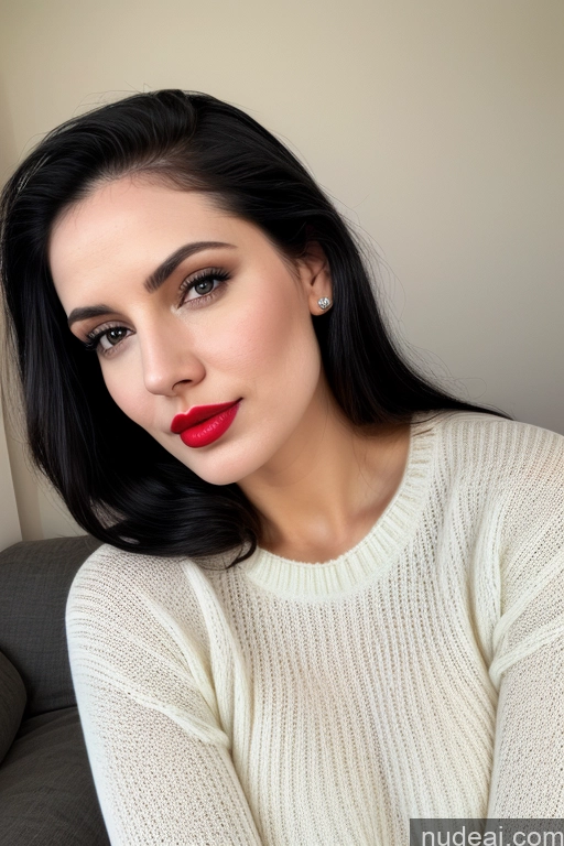 ai nude image of arafed woman with red lipstick and white sweater sitting on a couch pics of Woman One Perfect Boobs Beautiful Lipstick Perfect Body Fairer Skin 30s Black Hair Slicked Indian Simple Sweater Close-up View