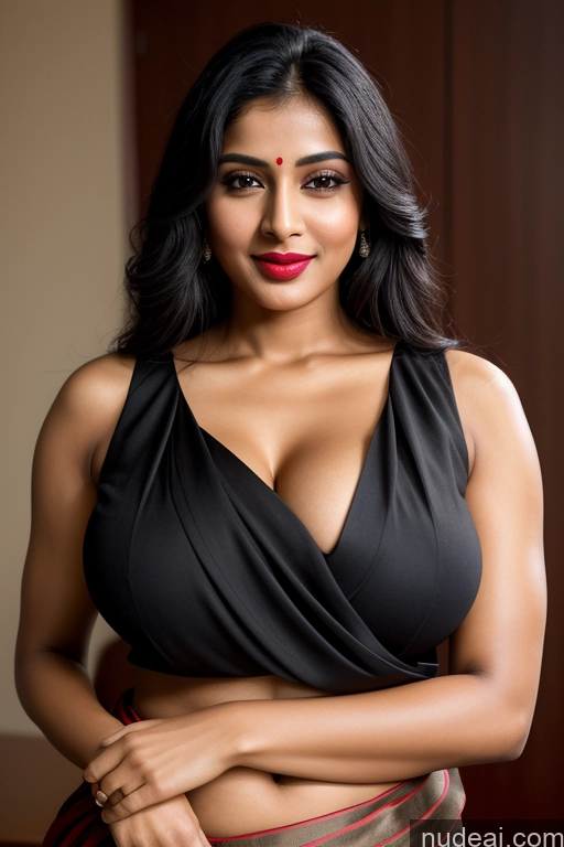 ai nude image of araffe woman in a black top and red skirt posing for a picture pics of Woman One Lipstick 30s Black Hair Slicked Indian Simple Perfect Body Huge Boobs Beautiful Sari Blouse