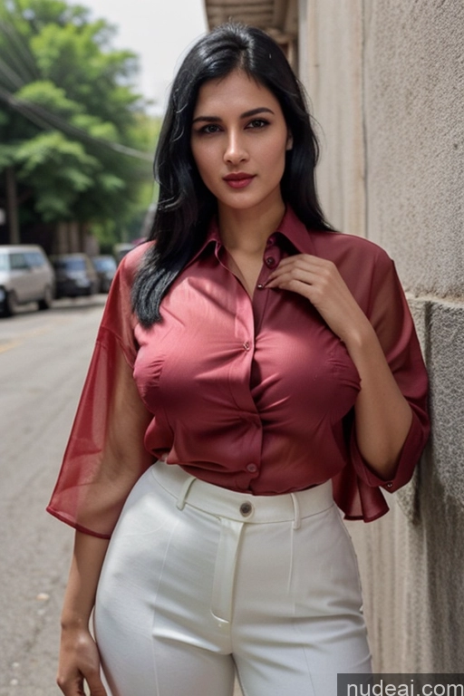 ai nude image of araffe woman in a red shirt and white pants posing for a picture pics of Woman One Lipstick 30s Black Hair Slicked Indian Simple Perfect Body Huge Boobs Beautiful Sari Blouse Street