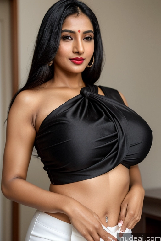 ai nude image of there is a woman in a black top and white pants posing pics of Woman One Lipstick 30s Black Hair Slicked Indian Simple Perfect Body Huge Boobs Beautiful Sari Blouse Close-up View