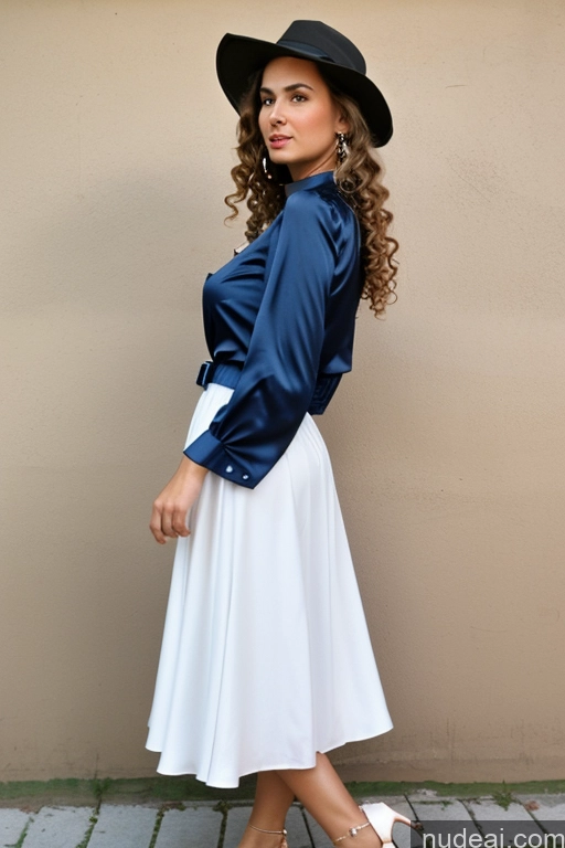 ai nude image of arafed woman in a blue shirt and white skirt and hat pics of Woman One Busty Tall Long Legs Big Ass 30s Serious Brunette Curly Hair White Dress Long Skirt Satin Blouse Hat Jewelry Transparent 60s