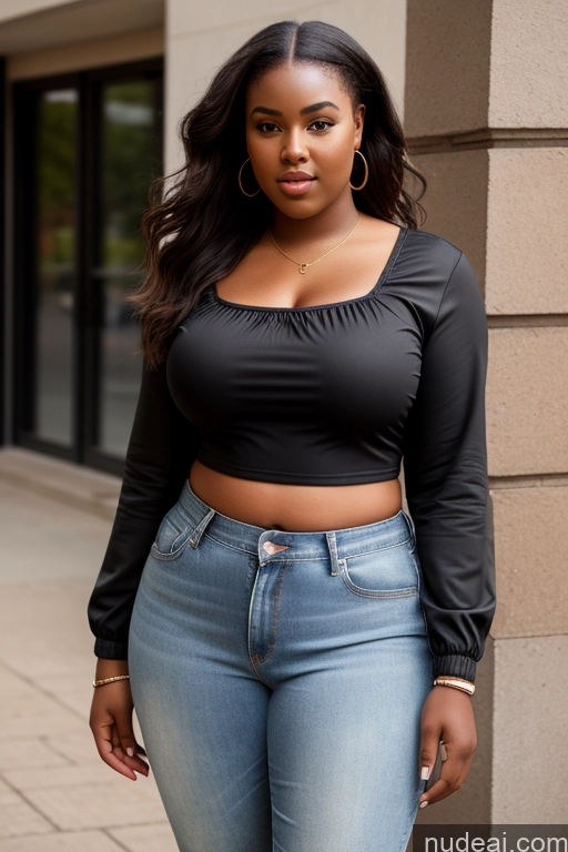 ai nude image of araffe woman in a black top and jeans posing for a picture pics of Woman One Big Ass Thick Chubby Fat Big Hips 18 Front View Blouse Chemise Casual Crop Top Jeans Jacket Shirt African