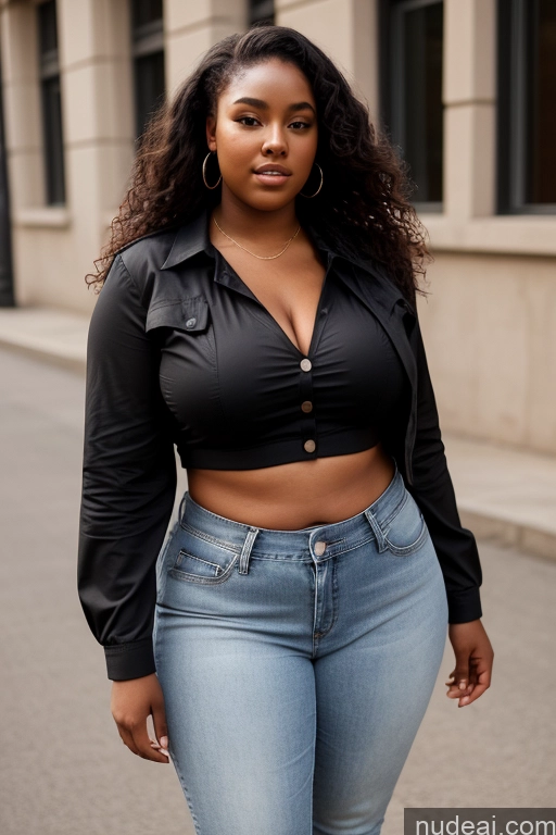 ai nude image of araffe woman in a black top and jeans walking down a street pics of Woman One Big Ass Thick Chubby Fat Big Hips 18 Front View Blouse Chemise Casual Crop Top Jeans Jacket Shirt African