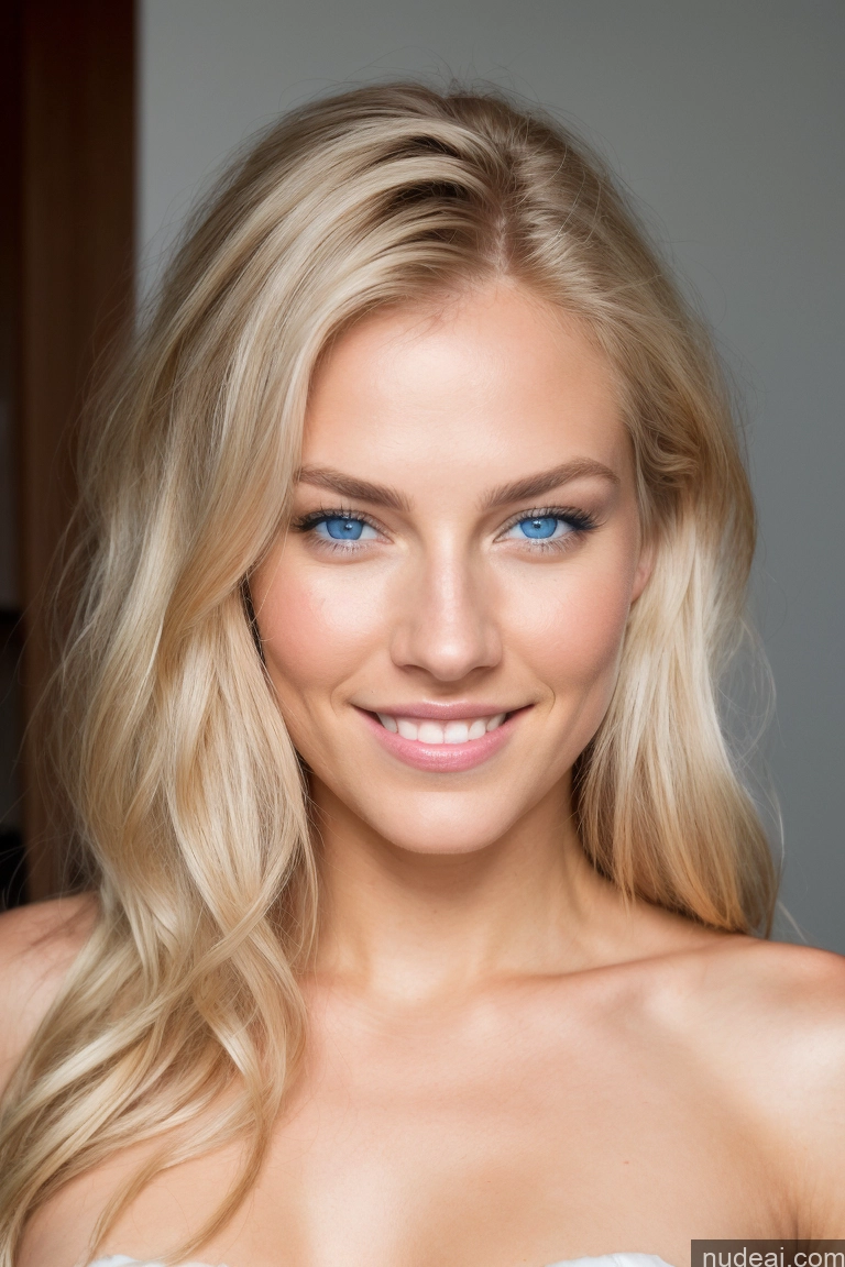 ai nude image of blond woman with blue eyes and a white dress posing for a picture pics of Miss Universe Model Beautiful Muscular Skinny Abs Perfect Body Fairer Skin Oiled Body Front Facing Full Body Deep Blue Eyes Happy Blonde Scandinavian Skin Detail (beta) Bedroom Nude Diamond Jewelry Jewelry Bright Lighting Detailed Wavy Hair Front View