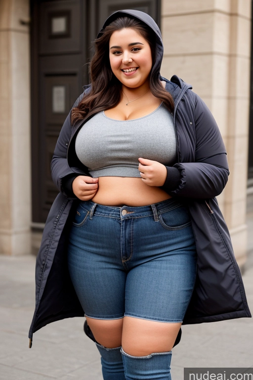 ai nude image of araffe woman in a gray top and jeans and a black jacket pics of Woman One Big Ass Thick Chubby Fat Big Hips 18 Laughing Brunette Long Hair French Front View Boots Casual Crop Top Dress Niqab Parka Jeans