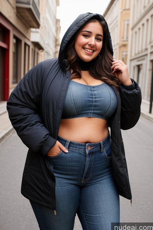 ai nude image of arafed woman in a blue top and jeans posing for a picture pics of Woman One Big Ass Thick Chubby Fat Big Hips 18 Laughing Brunette Long Hair French Front View Boots Casual Crop Top Dress Niqab Parka Jeans