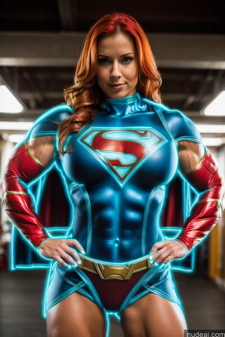 ai nude image of a close up of a woman in a superman costume posing for a picture pics of Superheroine Muscular Abs Ginger Front View Superhero Detailed Busty Small Tits Neon Lights Clothes: Blue