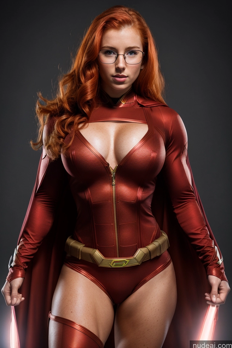 ai nude image of arafed woman in a red costume with a sword and glasses pics of Superheroine Muscular Abs Ginger Front View Superhero Detailed Busty Glasses 18 Irish