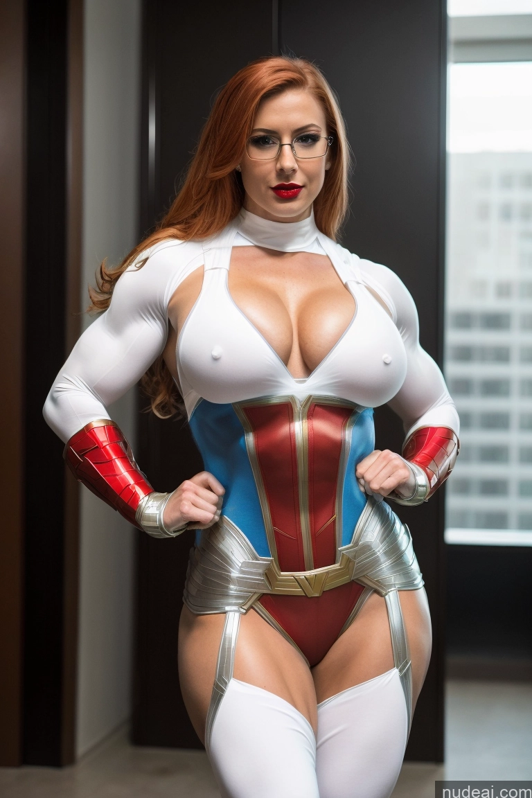 ai nude image of araffe woman in a costume posing for a picture in a hallway pics of Superheroine Muscular Abs Ginger Front View Superhero Detailed Busty Glasses Lipstick Fairer Skin Neon Lights Clothes: Blue