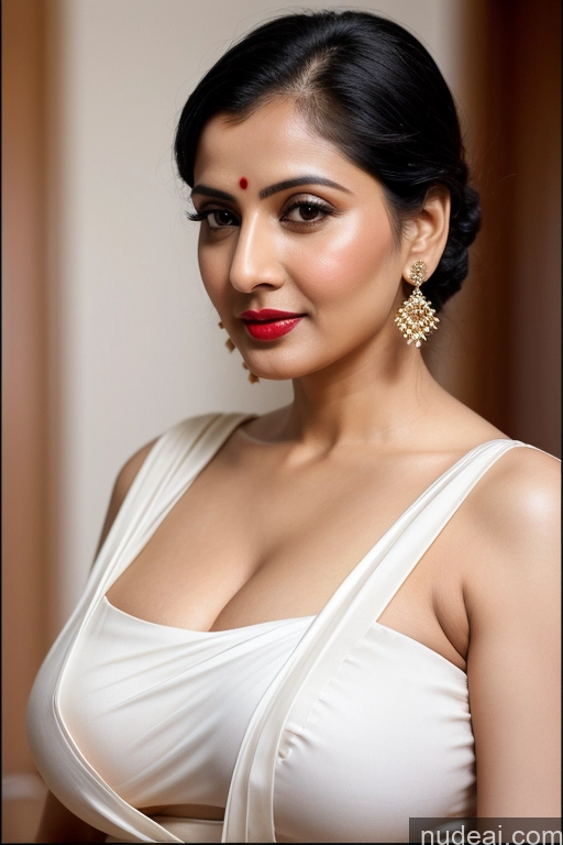 ai nude image of araffe woman in a white dress with a red lip and earrings pics of Woman One Huge Boobs Beautiful Lipstick Black Hair Slicked Indian Simple 40s Fairer Skin Sari Close-up View