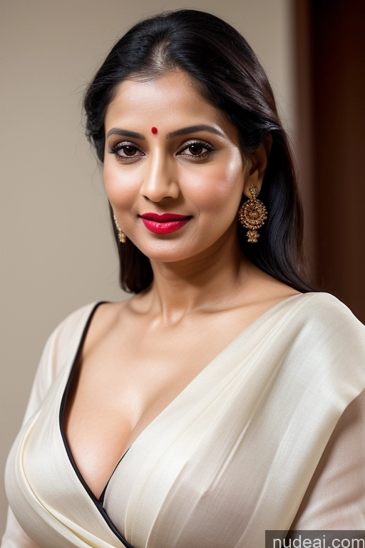 ai nude image of araffe woman in a white dress with a red lip and earrings pics of Woman One Huge Boobs Beautiful Lipstick Black Hair Slicked Indian Simple 40s Fairer Skin Sari Close-up View