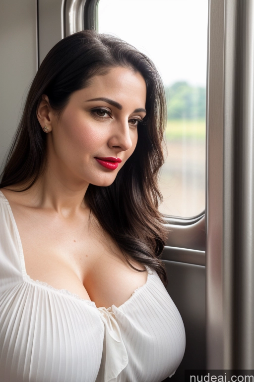 ai nude image of araffe woman in white top looking out of window of train pics of Woman One Huge Boobs Beautiful Lipstick Fairer Skin 40s Black Hair Slicked Indian Train Close-up View Blouse Simple