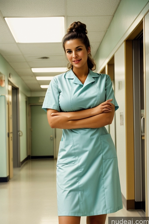 ai nude image of arafed woman in a blue dress standing in a hallway pics of Model Busty Huge Boobs Perfect Boobs Perfect Body Pubic Hair Tanned Skin 18 Italian Brunette Vintage 60s Detailed Dynamic View Hair Bun Hospital Nurse Dress