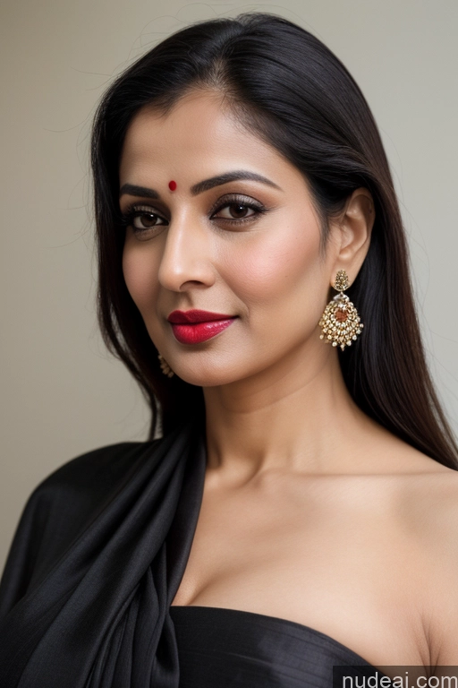 ai nude image of a close up of a woman wearing a black dress and earrings pics of Woman One Huge Boobs Beautiful Lipstick Fairer Skin 40s Black Hair Slicked Indian Close-up View Simple Sari