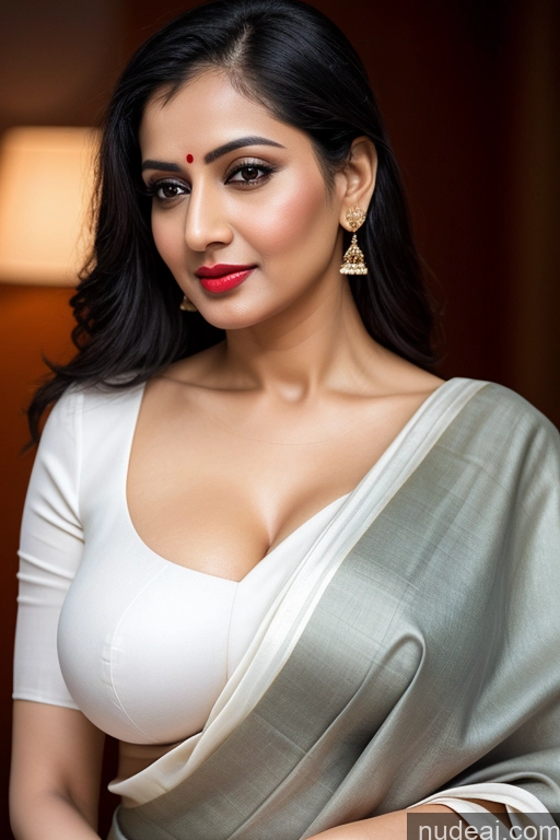 ai nude image of araffed woman in a white blouse and a silver shawl pics of Woman One Huge Boobs Beautiful Lipstick Fairer Skin 40s Black Hair Slicked Indian Close-up View Simple Sari