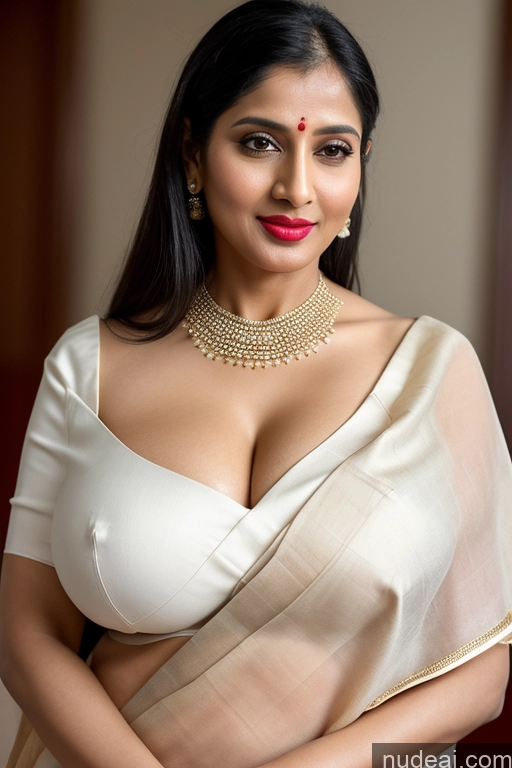 ai nude image of araffe woman in a white sari posing for a picture pics of Woman One Huge Boobs Beautiful Lipstick 40s Black Hair Slicked Indian Simple Fairer Skin Sari Close-up View