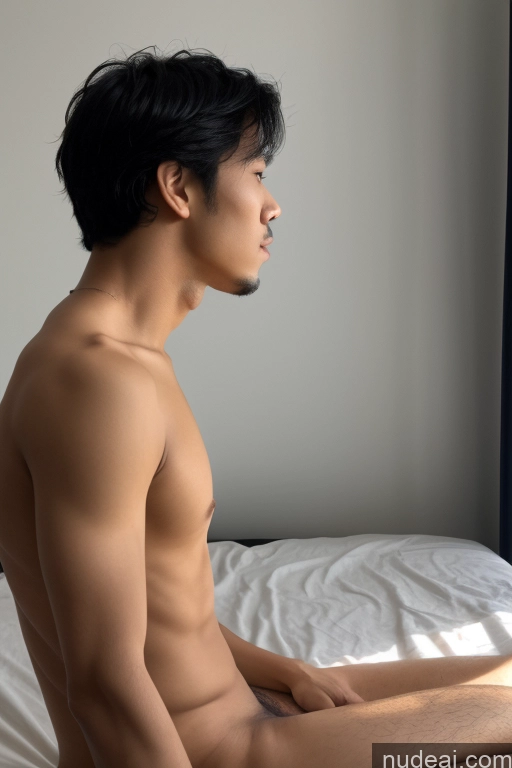 ai nude image of arafed man sitting on a bed with his shirt off pics of Small Tits Skinny Short Handsome Man Penis Excessive Pubic Hair Black Hair Vietnamese Bedroom 30s Side View Fellatio (Side View) Woman