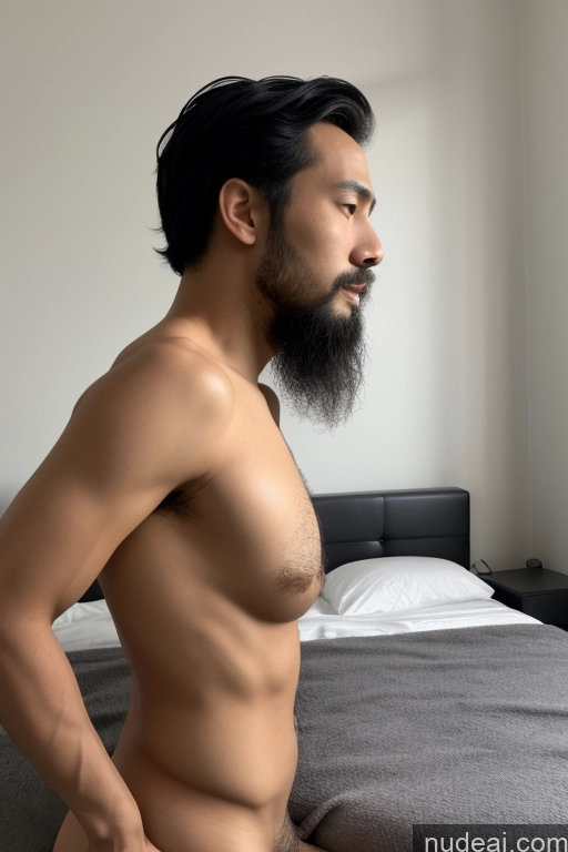 ai nude image of arafed man with a long beard and no shirt on sitting on a bed pics of Small Tits Skinny Short Handsome Man Penis Excessive Pubic Hair Black Hair Vietnamese Bedroom 30s Side View Fellatio (Side View) Woman