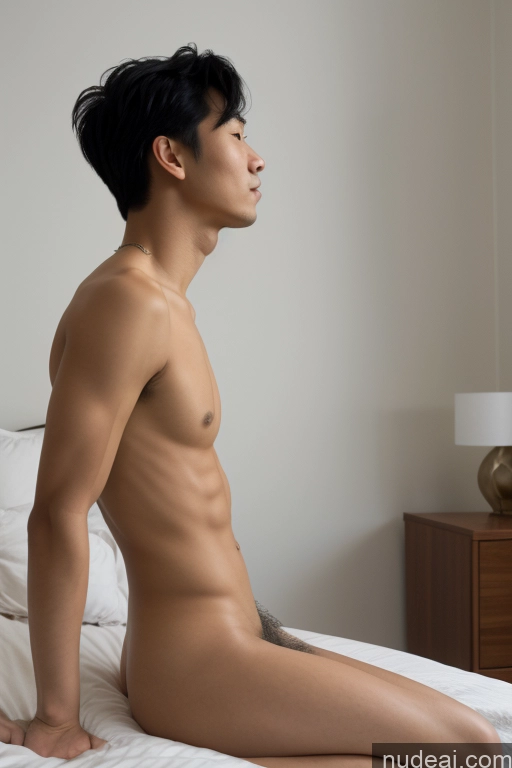 ai nude image of arafed asian man sitting on a bed with his bare stomach pics of Woman Skinny Short Handsome Man Penis Excessive Pubic Hair 30s Black Hair Vietnamese Bedroom Fellatio (Side View) Small Tits