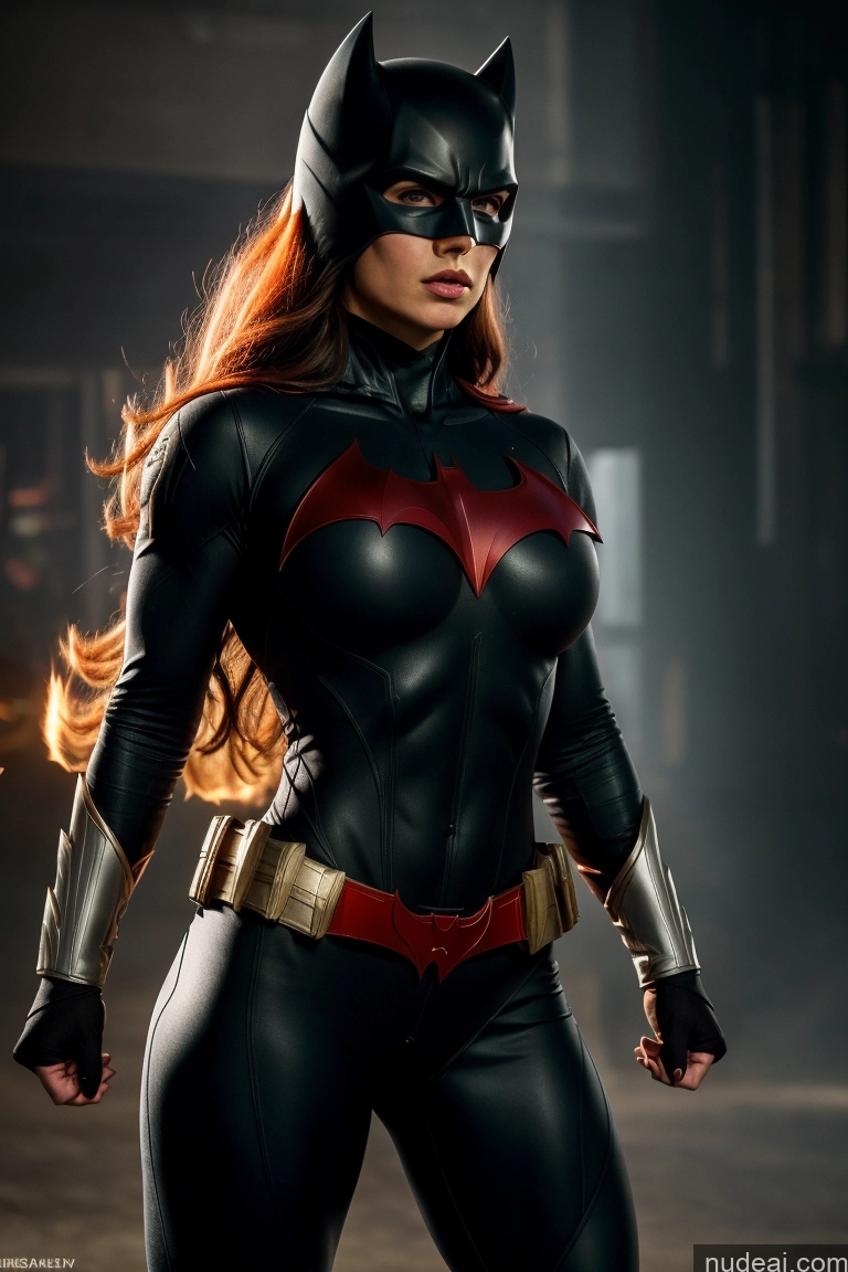 ai nude image of batmangirl is posing for a photo in a black and red costume pics of Batwoman Busty Small Tits Muscular Abs Powering Up