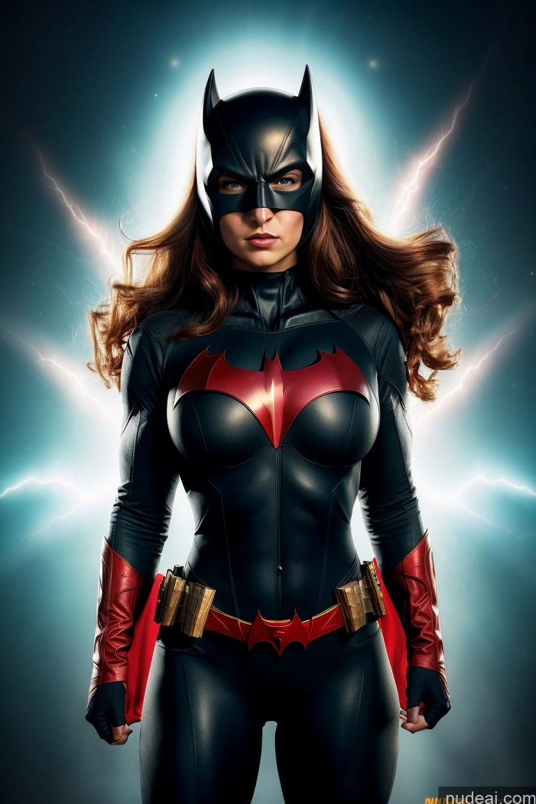 ai nude image of batmangirl is a female superhero with a red cape and black outfit pics of Batwoman Busty Small Tits Powering Up Abs Neon Lights Clothes: Red Muscular Regal