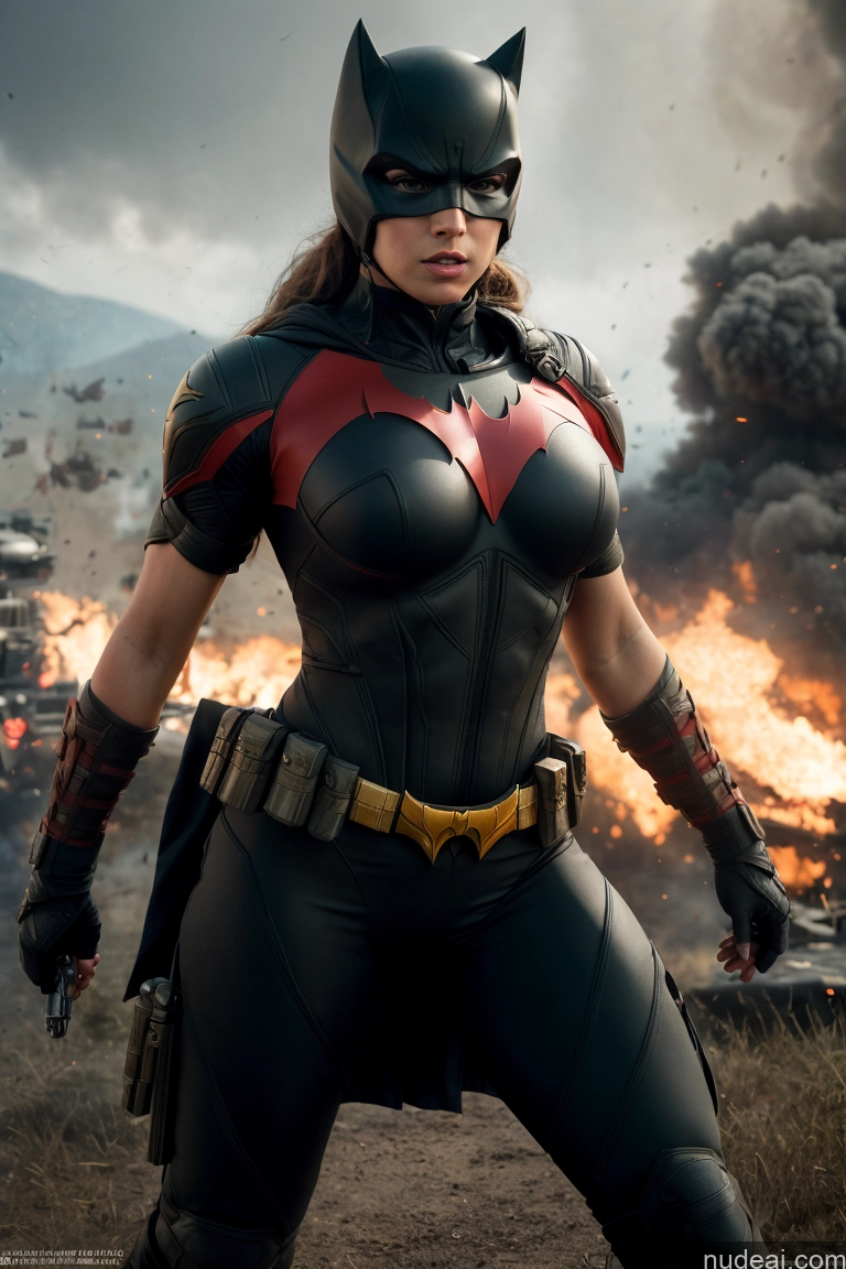 ai nude image of batmangirl in a black and red costume standing in front of a burning field pics of Batwoman Regal Cosplay Muscular Abs Busty Small Tits Neon Lights Clothes: Red Battlefield